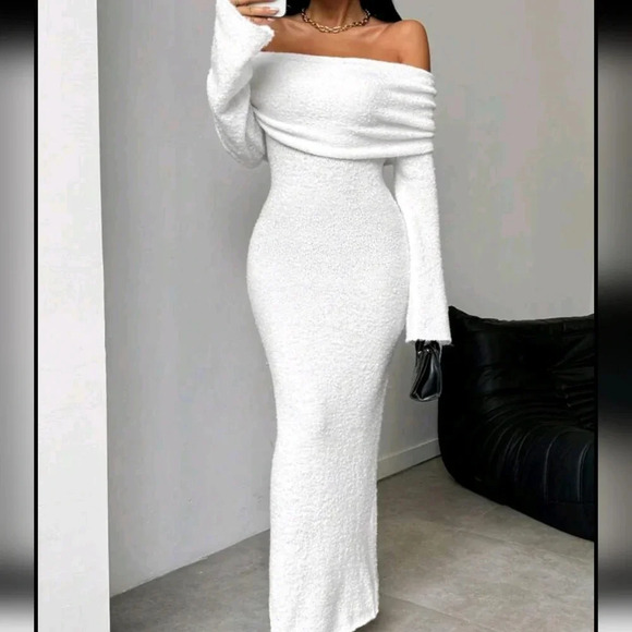 1pc Women's Off-Shoulder Textured White Flared Sleeve Fitted Bodycon SweateDress - Picture 5 of 5